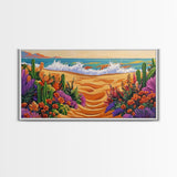 Beach Floral, Sunset, Cactus, Vibrant Desert Coastal Pathway Canvas Print, Entryway Wall Art, Boho Style Art, Tropical Beach Wall Decor
