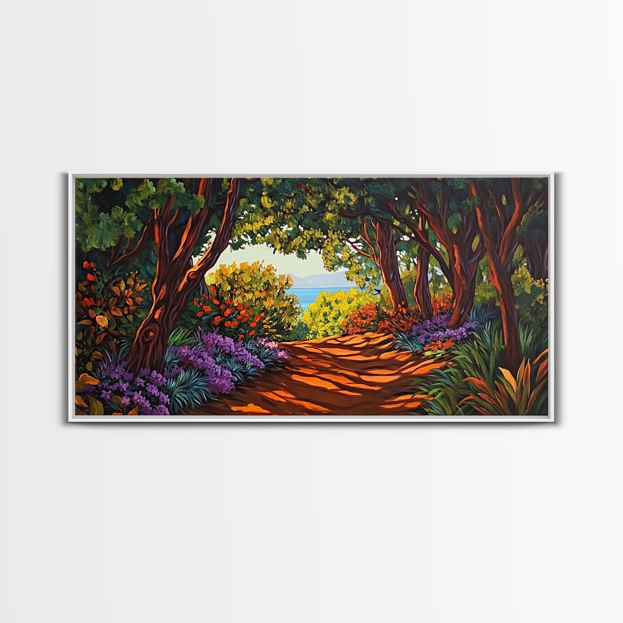 Trees Path, Ocean, Framed Canvas Print, Nature Trail Landscape Art, Peaceful Forest Wall Decor, Tranquil Boho Living Room Art
