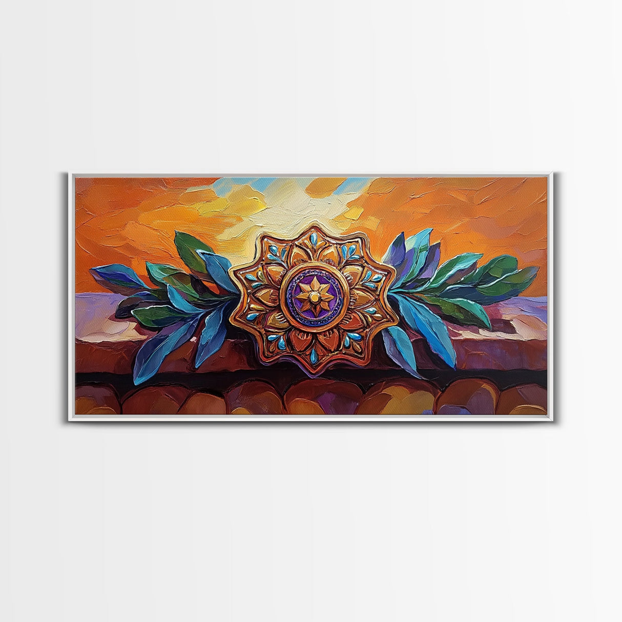 Mandala Sunset, Leaves, Ornament, Framed Canvas Print, spiritual boho wall decor, entryway wall art, zen home sacred symbol painting