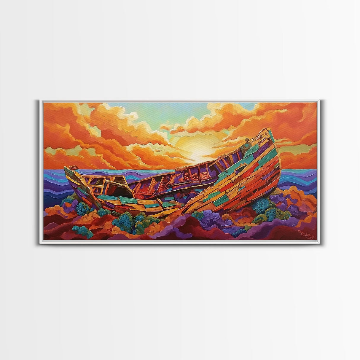Shipwreck Sunset, Sea, Rustic, Framed Canvas Print, nautical fall coastal decor, beach cabin art, rustic ocean themed living room art