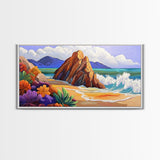 Rocks Beach, Flowers, Ocean, Framed Canvas Print, colorful tropical seascape, modern coastal wall art, bright nature themed decor