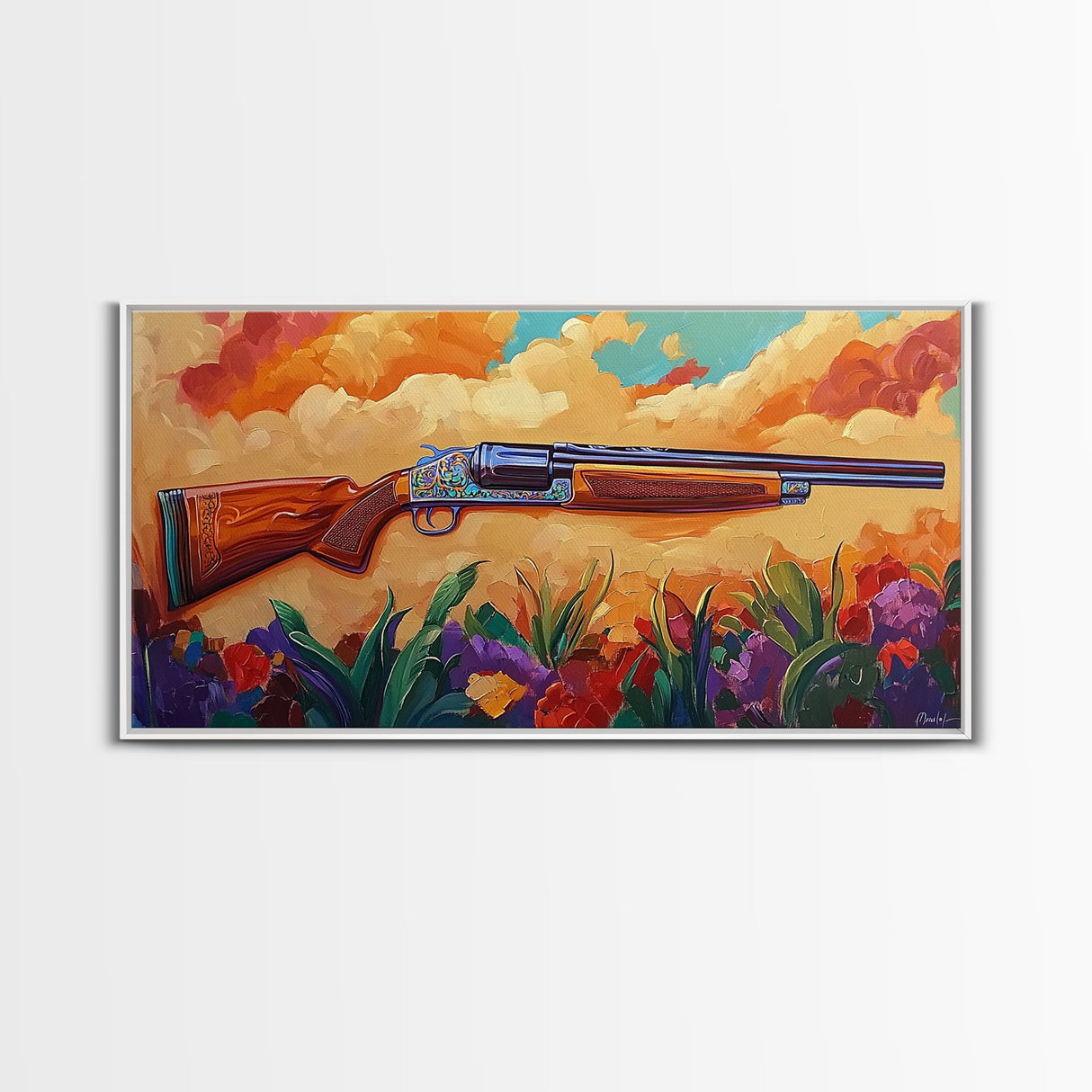 Shotgun Floral, Sunset, Western, Framed Canvas Print, rustic hunting cabin art, bold Americana decor, man cave or lodge wall print