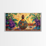 Tequila Bottle, Floral, Decor, Framed Canvas Print, Mexican kitchen wall art, vibrant bottle painting, fiesta bar wall boho artwork