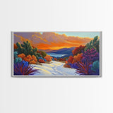 Winter Sunset, Lake, Trees, Framed Canvas Print, Autumn cabin wall art, colorful landscape living room decor, mountain snow painting