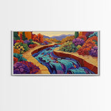Stream Garden, Colorful, Path, Framed Canvas Print, Southwestern landscape art, bright garden painting, hallway decor, fall home vibe
