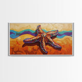 Starfish Beach, Colorful, Textured, Framed Canvas Print, coastal boho decor, ocean theme, beach house bathroom wall art