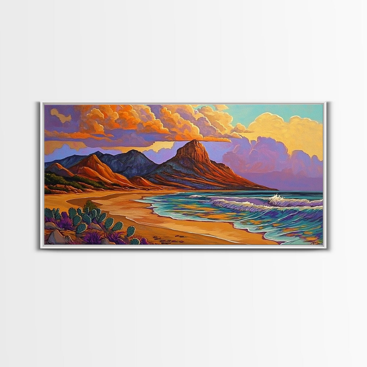 Mountain Desert, Beach, Sunset, Vibrant Desert Mountain Canvas Print, Colorful Southwest Wall Art, Living Room Fall Landscape