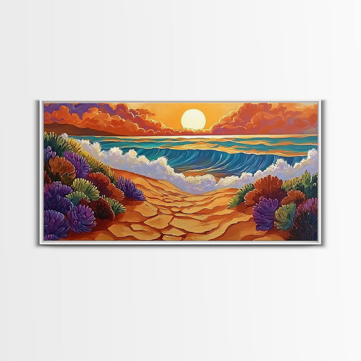 Beach Ocean, Sunrise, Coastal Path, Framed Canvas Print, Vibrant Seaside Art, Bathroom Wall Decor, Nature Landscape, Colorful Waves