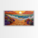 Beach Ocean, Sunrise, Coastal Path, Framed Canvas Print, Vibrant Seaside Art, Bathroom Wall Decor, Nature Landscape, Colorful Waves