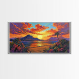 Mountains Tropical, Sunset, Palm Trees, Framed Canvas Print, Bold Landscape Art, Living Room Wall Decor, Sunset View, Boho Decor