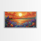Flowers Sunset, Ocean View, Coastal Bloom, Framed Canvas Print, Vibrant Nature Art, Kitchen Wall Decor, Beach Garden Scene, Bold Colors
