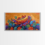 Cactus Bloom, Bold, Flowers, Blooming Cactus Flower Framed Canvas Print, Colorful Botanical Wall Art, Kitchen Boho Decor, Desert Art