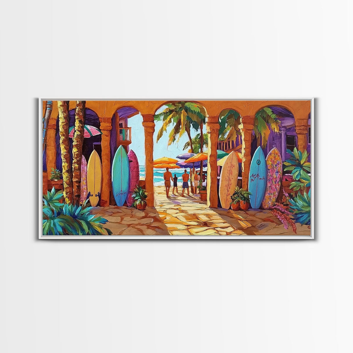 Surfboards Beach, Tropical, Colorful Life, Framed Canvas Print, Coastal Art, Entryway Wall Decor, Surf Shack Vibes, Tropical Summer