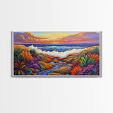 Sunset Ocean, Garden, View, Framed Canvas Print, coastal sunset wall art, tropical flowers, beach décor, boho landscape, living room