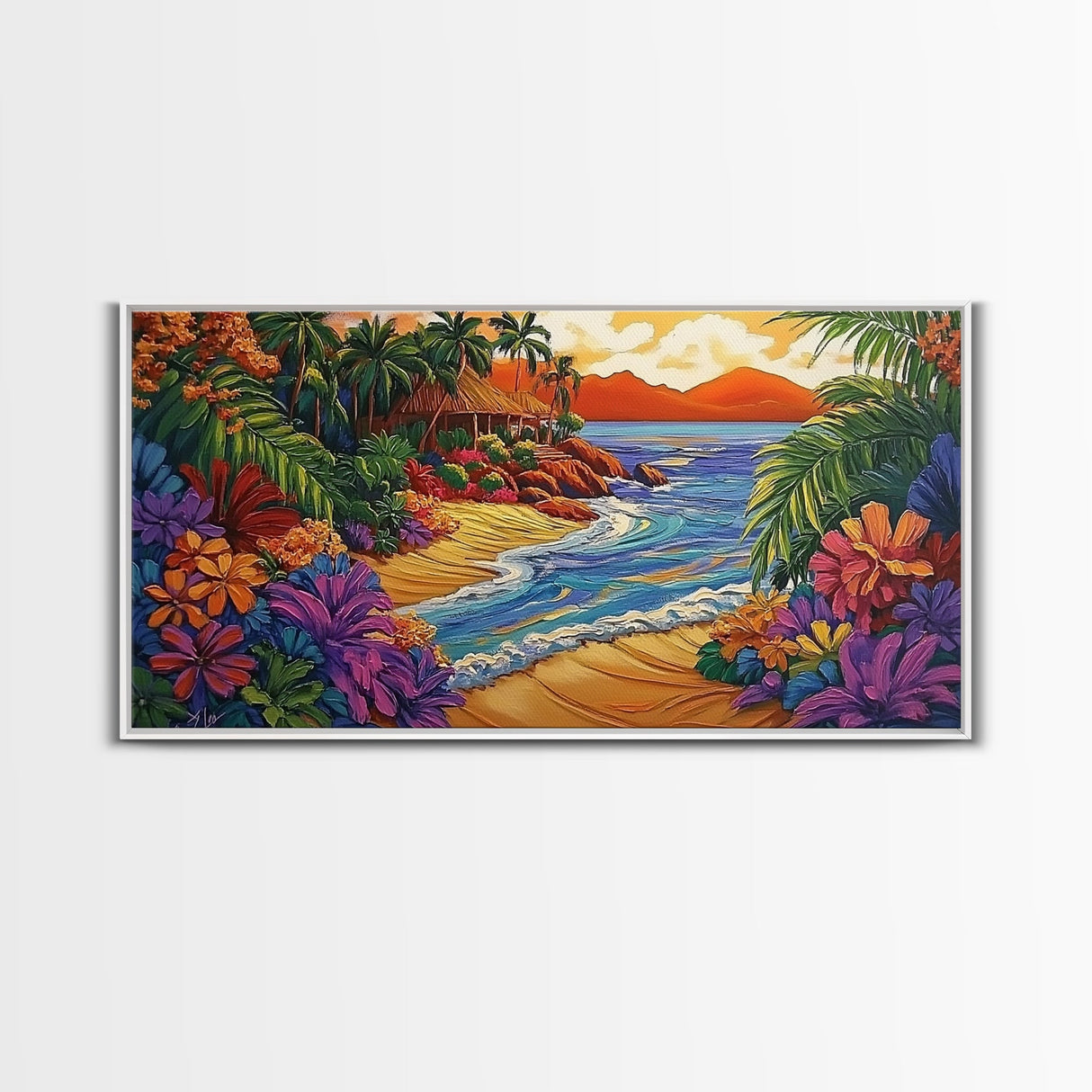 Tropical, Beach, Sunset, Palm, Vibrant tropical beach art, Canvas Print, Island Paradise Decor, Vacation Vibes, Living Room Art