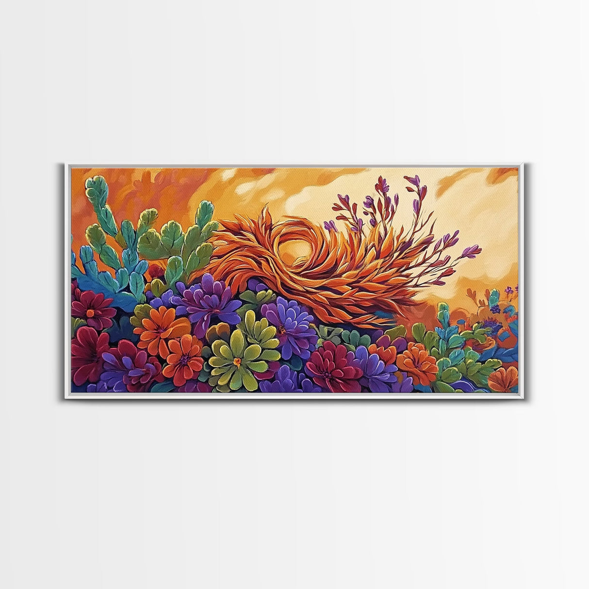 Succulent, Desert, Bloom, Sunset, Framed Canvas Print, Cactus boho art, colorful desert wall decor, Southwestern kitchen wall art
