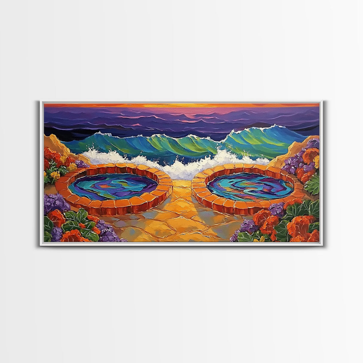 Hot Tubs, Ocean, Sunset, Waves, Framed Canvas Print, Seaside spa art, whimsical coastal print, boho beach bathroom art, spa decor