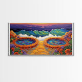Hot Tubs, Ocean, Sunset, Waves, Framed Canvas Print, Seaside spa art, whimsical coastal print, boho beach bathroom art, spa decor