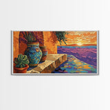 Sunset Terracotta, Patio, Art, Framed Canvas Print, Colorful Mexican pottery scene, vibrant tropical wall art, boho entryway decor