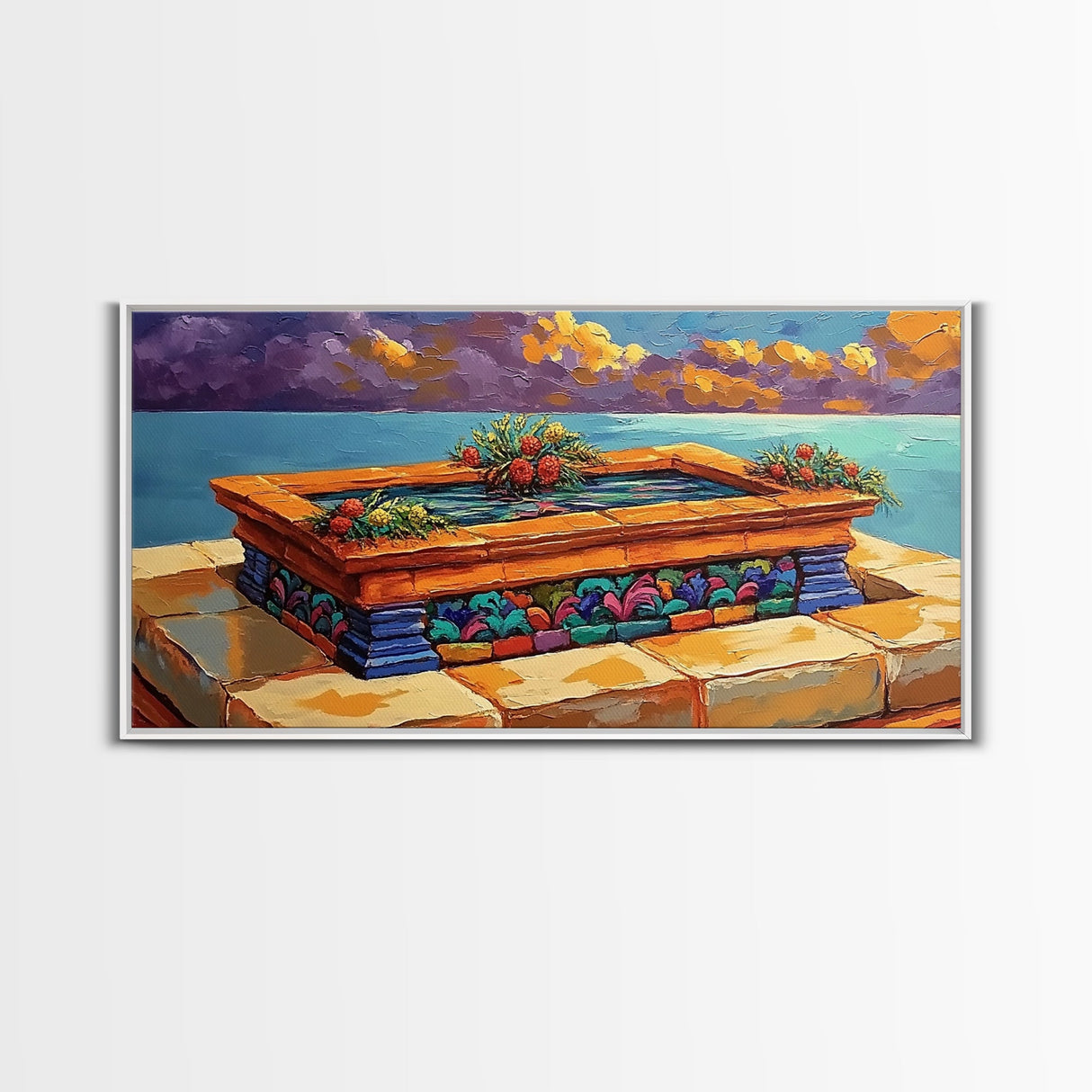 Tile Garden, Water, Feature, Framed Canvas Print Bright terracotta planter wall art, outdoor courtyard or patio decor, folk painting