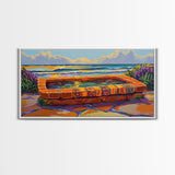 Ocean Terrace, Bath, Scene, Framed Canvas Print Mexican tile spa ocean view, tropical coastal wall art, vibrant bathroom or garden print