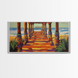 Pier Beach, Sunset, Vibrant, Canvas Print tropical coastal wall art, beach hallway decor, ocean waves painting, summer home artwork