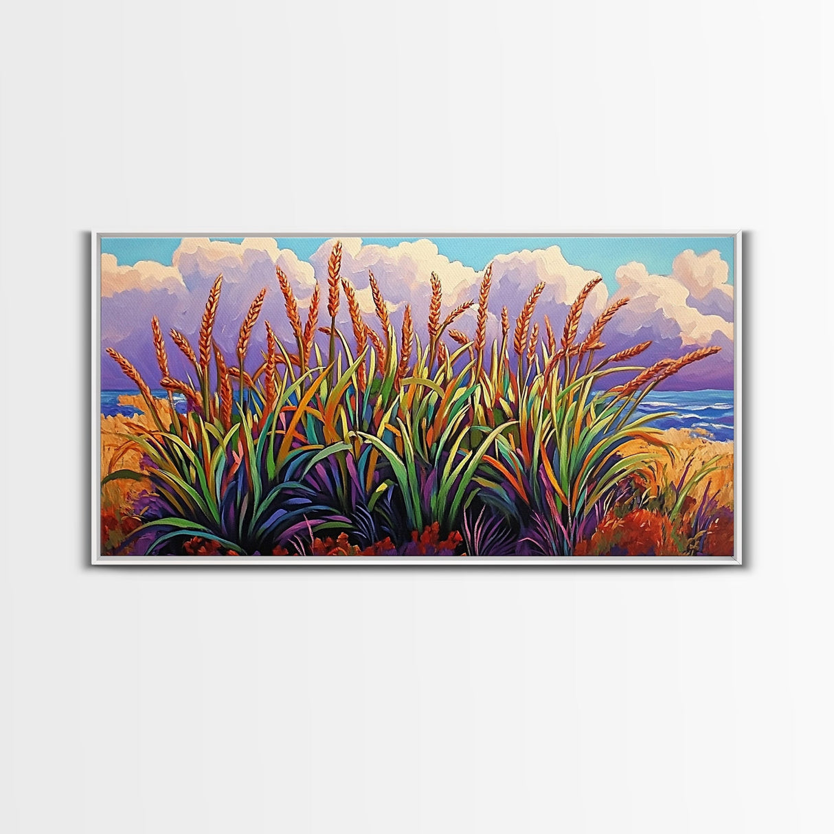 Wheat Grasses, Coastal, Sunrise, Canvas Print rustic boho kitchen wall art, country field beach decor, nature inspired autumn artwork