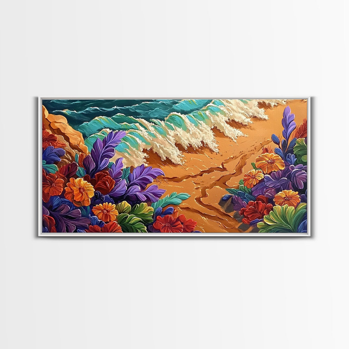 Tropical, Flower, Wave Art, Framed Canvas Print, coastal floral seascape painting, vibrant Summer Decor, Bathroom Wall Art, boho art