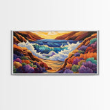 Ocean Sunset, Wave Splash, Framed Canvas Print, colorful crashing waves, rocky coast wall decor, Beach House Wall painting
