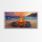 Beach Campfire, Sunset, Tropical Vibes, island evening Canvas Print, fall boho decor, colorful beach firepit living room wall art