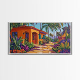 Villa, Palm Trees, Pathway, Lush Garden, warm tropical Canvas Print, boho patio decor, summer bungalow living room wall art