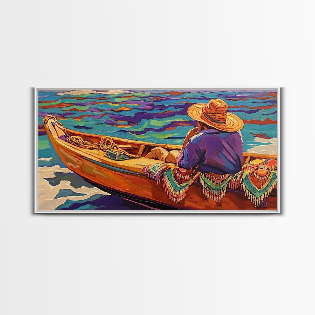 Boat Fisherman, Serene, Waters, Canvas Print colorful coastal life art Office Wall Art tropical ocean boho decor relaxed living