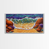 Wave Shoreline, Rocks, Splash, Vibrant ocean wall art, coastal home decor, Canvas Print, bathroom beach art, bold seascape painting