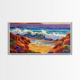 Surf Shoreline, Rocks, Sunset, Vibrant coastal Canvas Print, wave crashing beach art, living room ocean scene, colorful boho seascape
