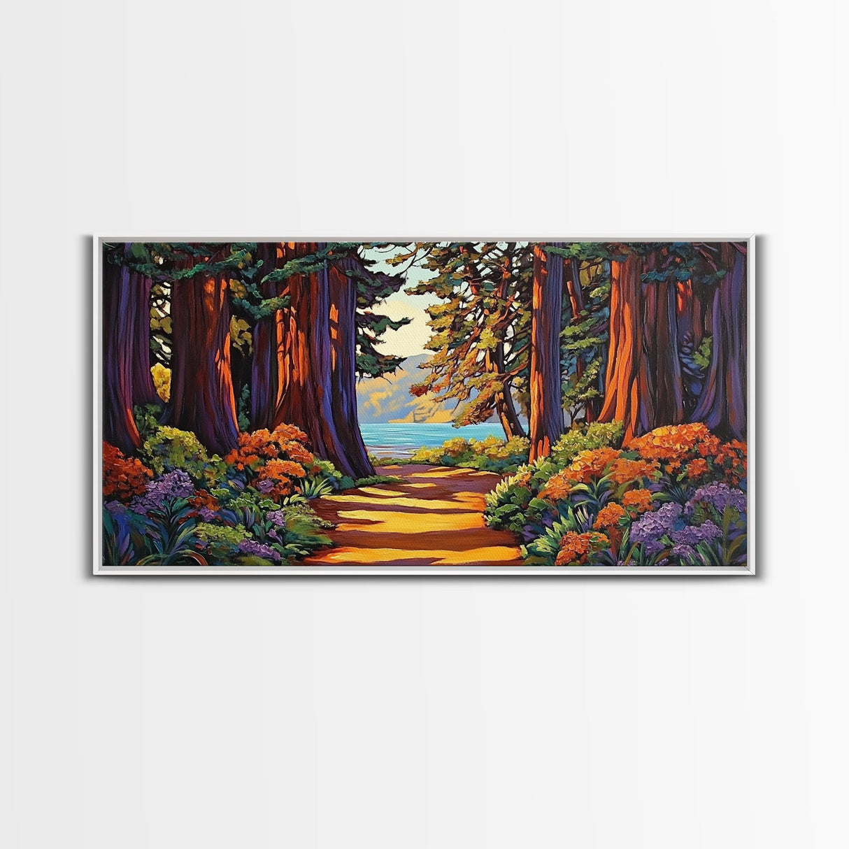 Forest Path, Ocean, Framed Canvas Print, Redwood forest trail to ocean scene, Nature inspired art, Rustic Living Room Wall Art
