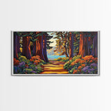 Forest Path, Ocean, Framed Canvas Print, Redwood forest trail to ocean scene, Nature inspired art, Rustic Living Room Wall Art