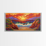 Sunset Waves, Rocks, Framed Canvas Print, Vibrant ocean sunset, crashing waves cliffs painting, Coastal Decor, Beach House Wall Art