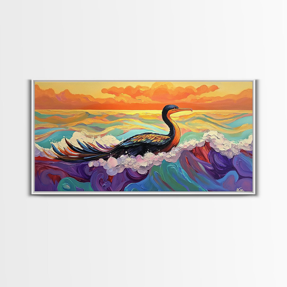 Ocean Bird, Sunset, Framed Canvas Print, Vibrant seabird in waves sunset seascape painting, Colorful Coastal Decor, Bathroom Wall Art