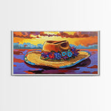 Hat Floral, Sunset, Framed Canvas Print, Boho straw hat with flowers on beach at sunset, Whimsical Summer Art, Entryway Wall Art