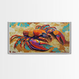 Lobster Coastal, Bold, Framed Canvas Print, Vibrant abstract lobster on sandy background, Nautical Kitchen Decor, Bold Coastal Wall Art