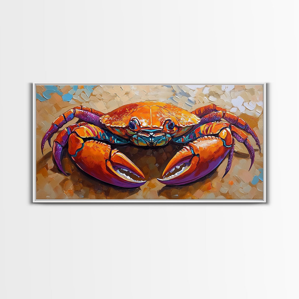 Crab Colorful, Beach, Framed Canvas Print, Brightly painted crab on sand, Ocean Kitchen Decor, Playful Beach Art, Coastal Wall Art