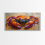 Crab Colorful, Beach, Framed Canvas Print, Brightly painted crab on sand, Ocean Kitchen Decor, Playful Beach Art, Coastal Wall Art