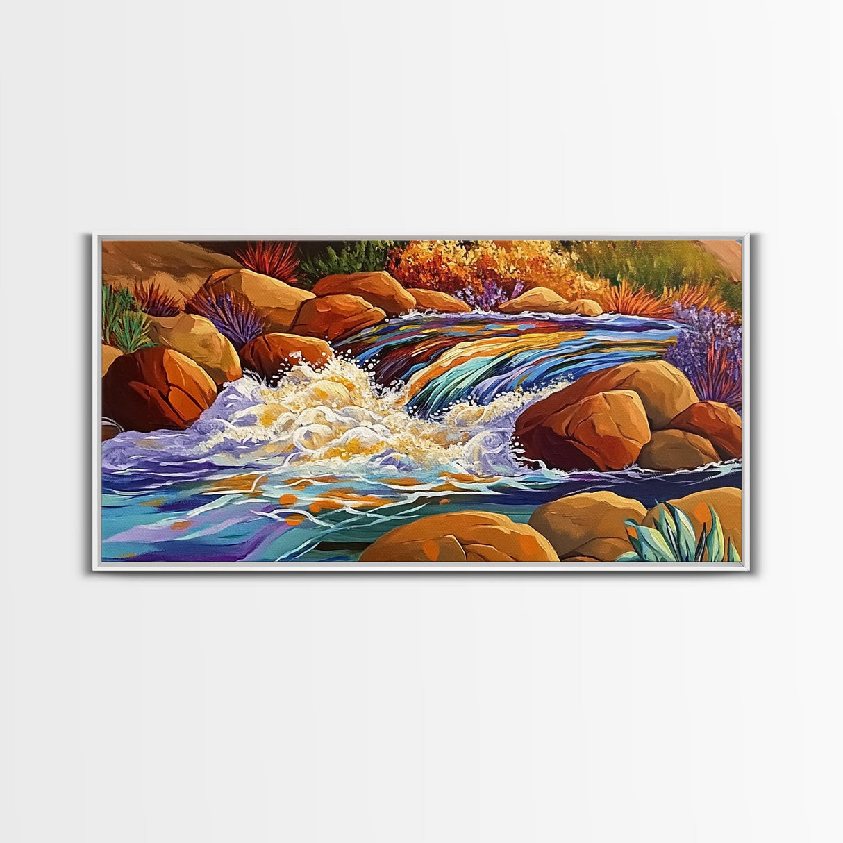 Autumn River, Rocks, Splash, Framed Canvas Print, colorful waterfall painting, nature wall art, rustic cabin decor, landscape art