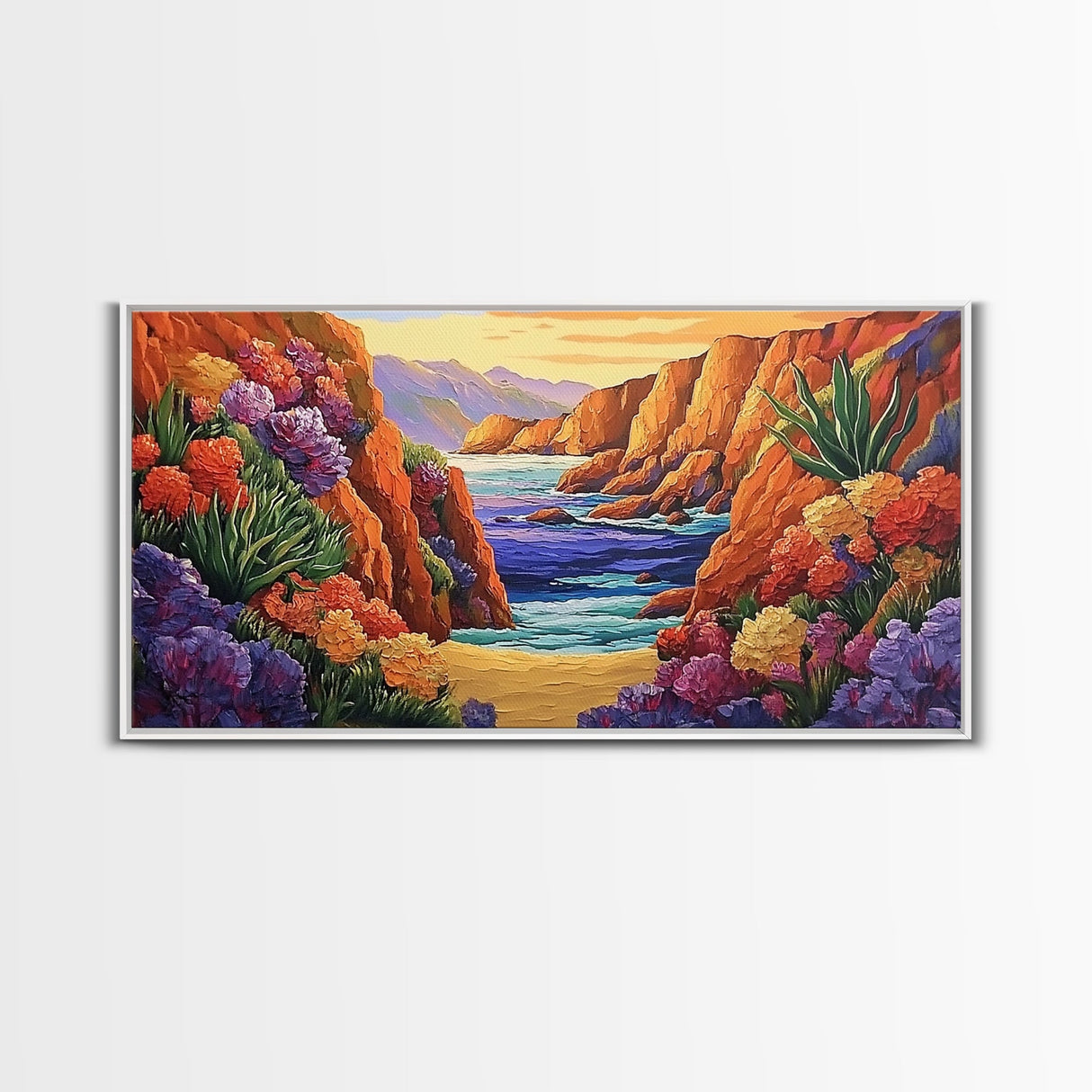 Desert Coast, Flowers, Path, Canvas Print, vibrant canyon seascape, southwest home decor, hallway wall art, colorful desert painting