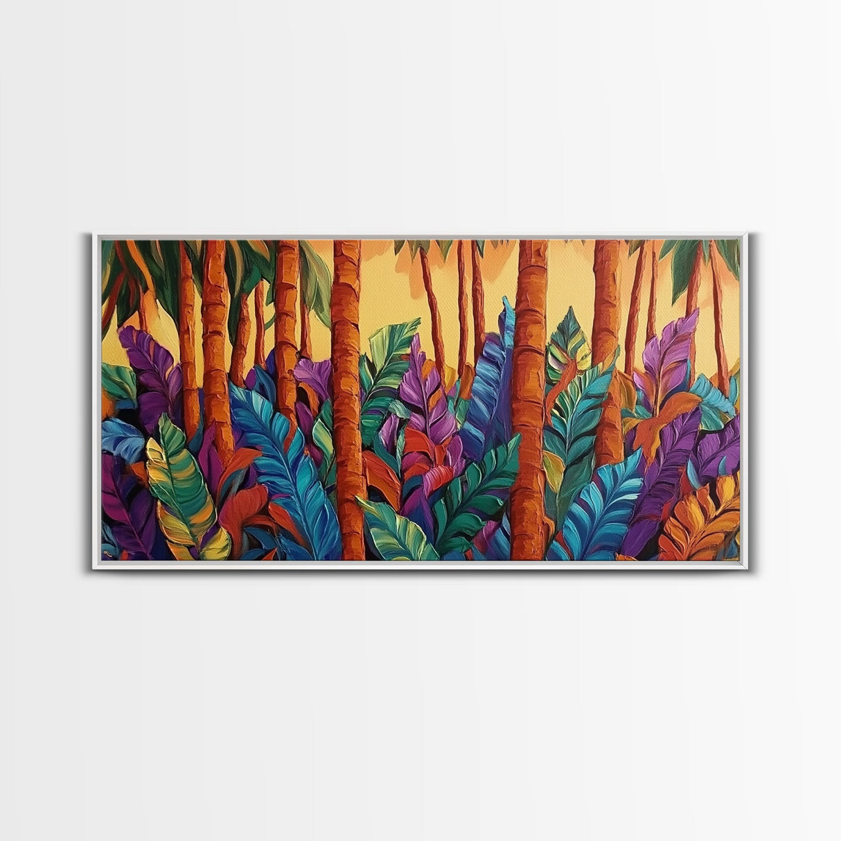 Jungle Leaves, Palms, Tropical, Framed Canvas Print, vibrant rainforest botanical wall art, boho plant decor, entryway art