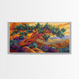 Tree Mountains, Sunset, Windswept, Canvas Print, expressive twisted pine painting, rustic boho decor, nature art, fall wall piece