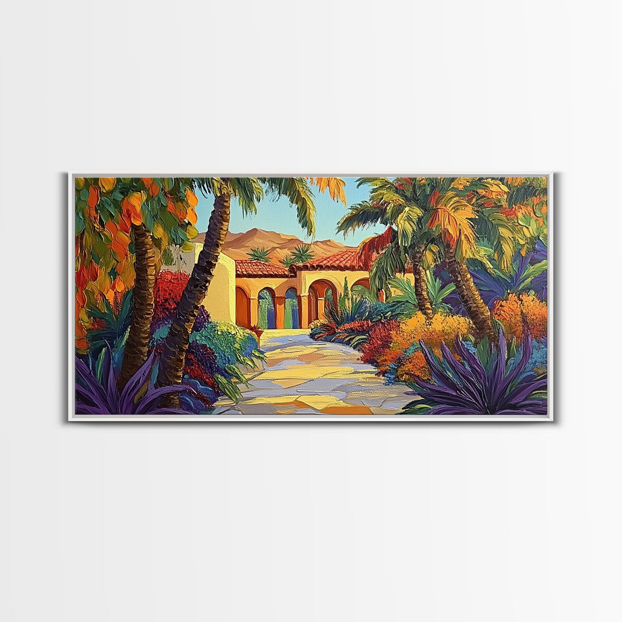 Villa Garden, Palms, Path, Framed Canvas Print, tropical courtyard scene, Mediterranean decor, living room wall art, villa painting
