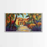Villa Garden, Palms, Path, Framed Canvas Print, tropical courtyard scene, Mediterranean decor, living room wall art, villa painting