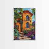 Tropical Villa, Sunset, Vibes, Framed Canvas Print, Mediterranean wall art, boho home decor, warm palette, Kitchen or Living Room