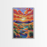 Sunset Desert, River, Color, Framed Canvas Print dreamy painted desert river sunset, colorful sky landscape artwork, nature boho art